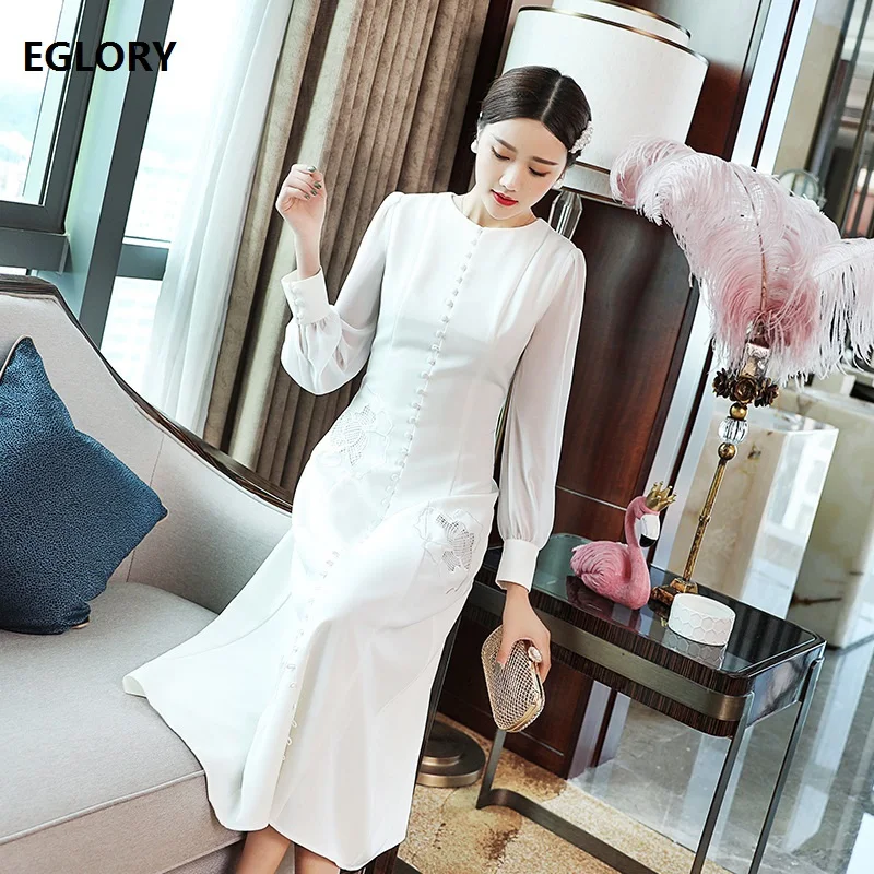 

Top Quality New 2019 Autumn Fashion Party Elegant Dresses Women O-Neck Tunic Buttons Hollow Out Embroidery Long Sleeve Dress XXL