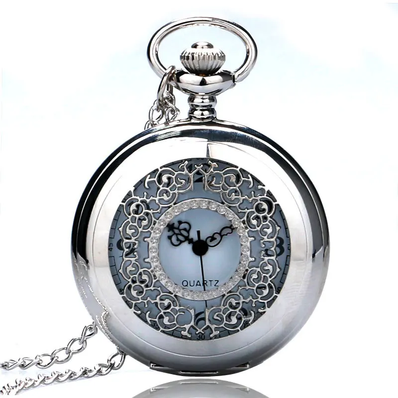 

Delicate Romantic Ladies Quartz Pocket Watches Small Silver Case Hollow Flowers Grilles Sweater Necklace Chain for Female Gifts