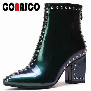 

CONASCO Winter New Fashion Punk Patent Leather Women Ankle Boots Rivet Back Aippers High Heels Party Office Basic Shoes Woman