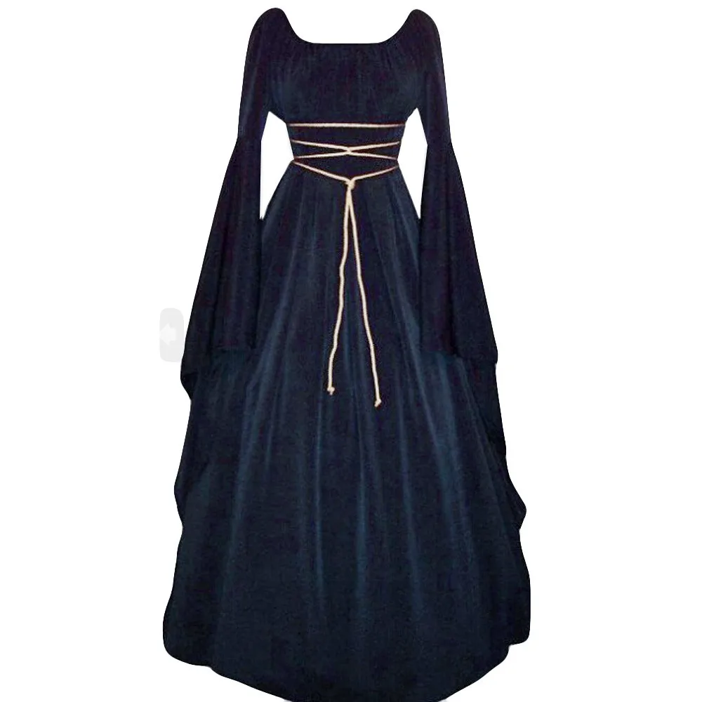 

Women Gown Halloween Dress Evening Party Long Sleeve Gothic Medieval Crew Neck Ladies Party Cosplay Dress Plus Size