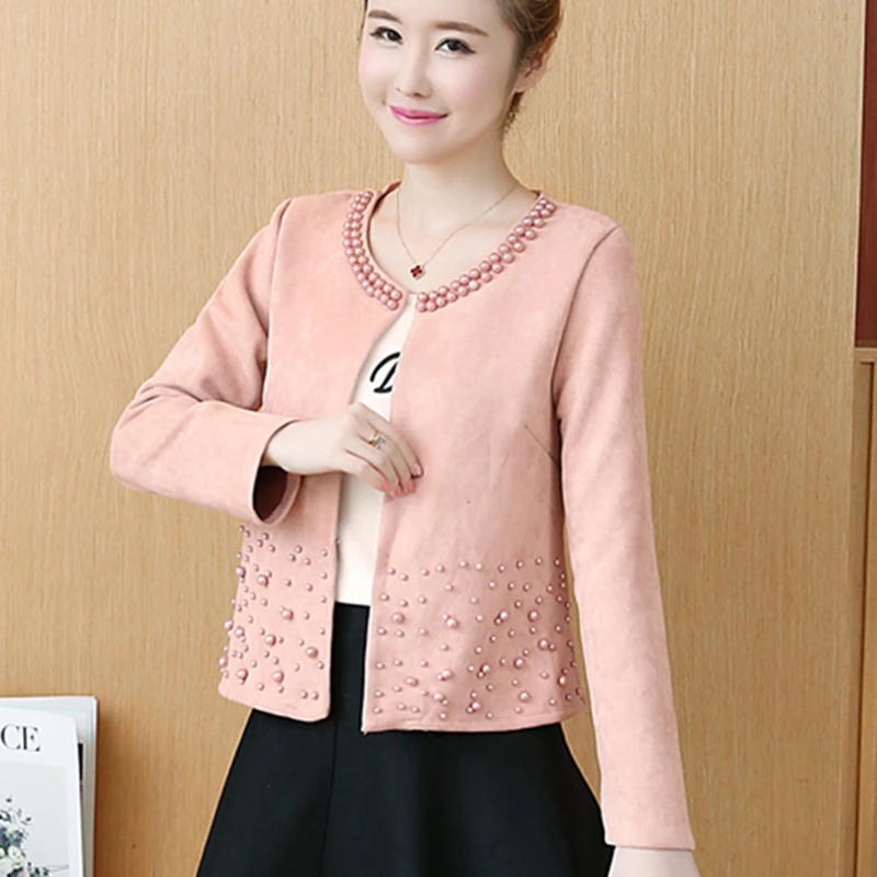 incredible Spring Jacket Women Plus Size 4XL Basic Coat Deer Leather Rivet O-Neck Short Slim Pearls Jackets Op