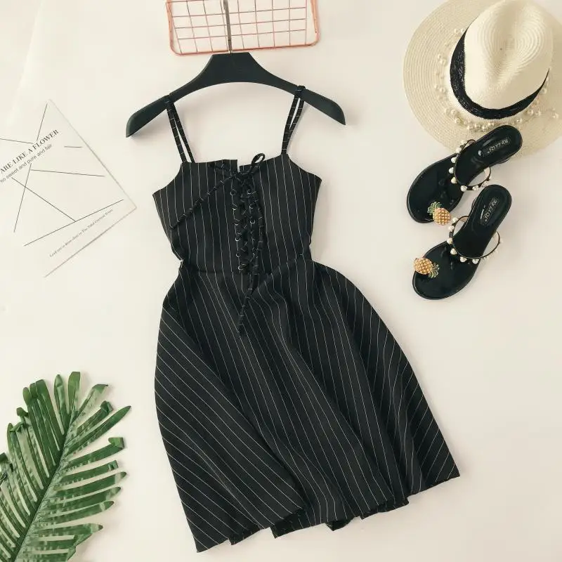 Cena ALPHALMODA kobiety nowe klasyczne paski sukienka sling z koronką wysokiej talii Slim Fit panie linii Vintage lato Vestidos