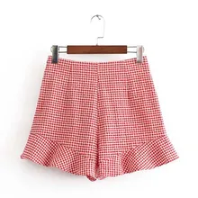 

FIRSTTO Sexy Sweet Red Plaid Print Contrast Color Ruffles Hem Shorts High Waist Slim 2018 Summer Fashion Lady Casual Mini Shorts