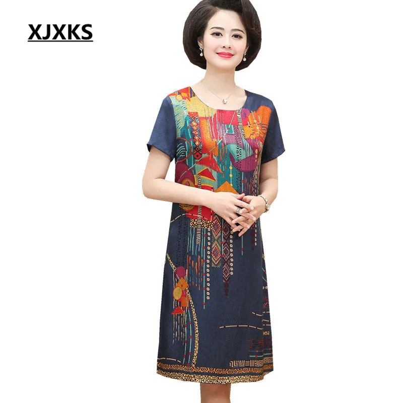 

XJXKS Printing retro women's summer dress 2019 new loose plus size round neck short sleeve comfortable chiffon women's dress