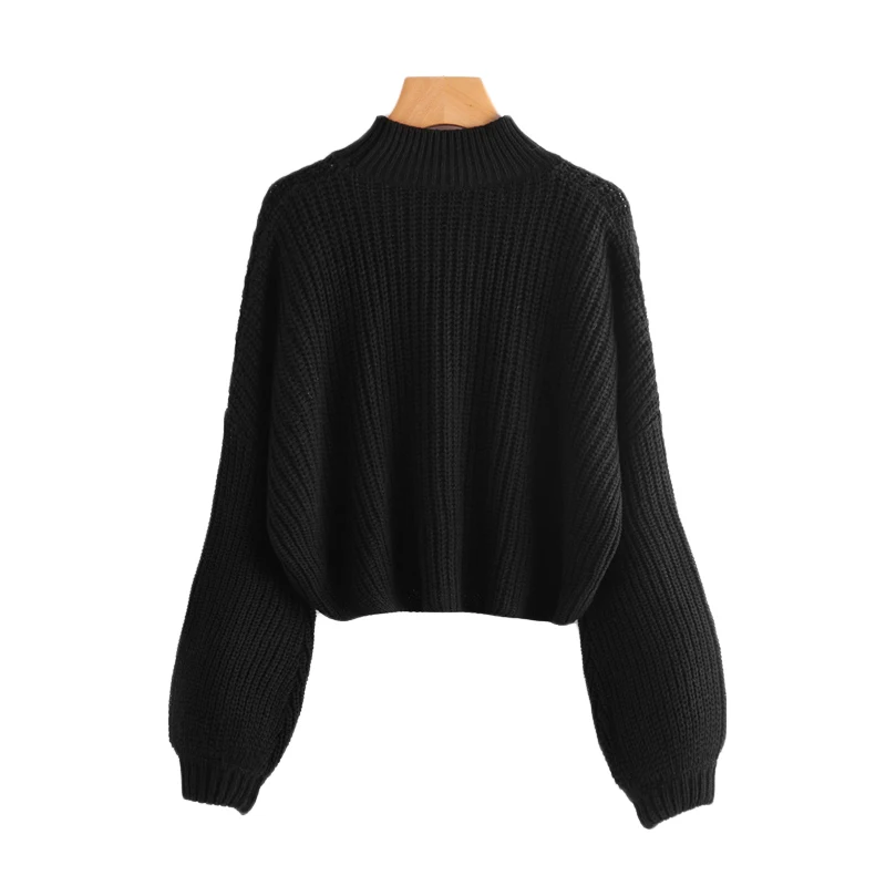 ROMWE, черный свитер с открытыми плечами, свободные пуловеры с рукавом Бишоп, женские свитера с высоким воротом, осень, Модный повседневный базовый свитер