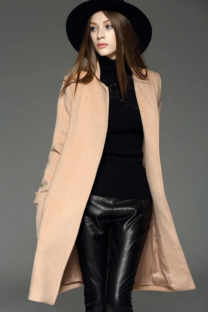 Haute qualité Plaine style trench manteau avec ceinture Femme classique manteau de laine de chameau type lâche pardessus de cachemire de haute qualité 2016