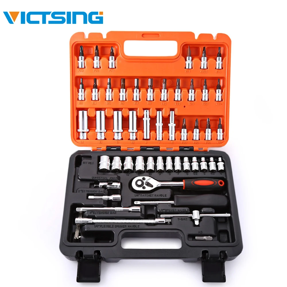 

VicTsing 53pcs Auto Car Repair Tool Box Set Ratchet Wrench Sleeve Combo Tools Kit Universal Joint Hardware Sheet Metal Tools Set