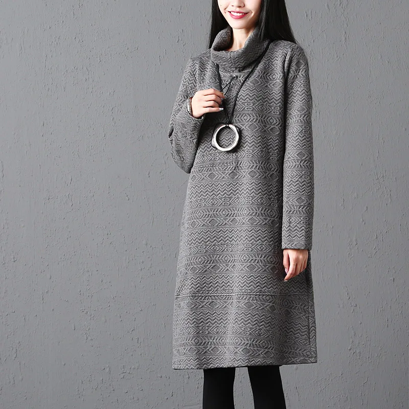 

Fashion 2019 New Autumn Women Dresses Casual Loose Cotton Linen Dress Winter Thick Long Sleeve Turtleneck Vintage Dress