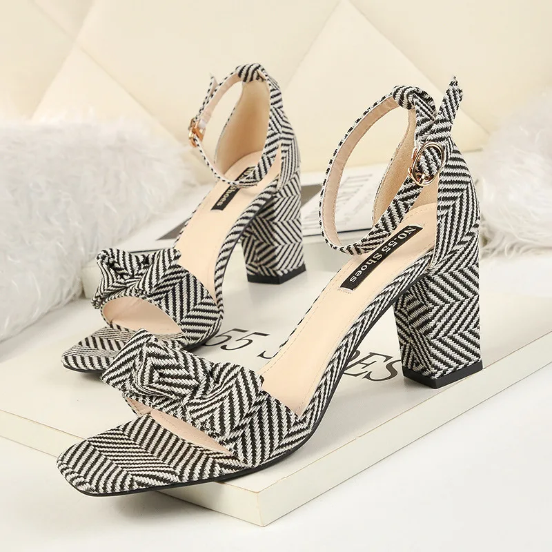 

Sweet Open Head Block Heel Bow Stripe Sandals Women Shoes Summer 2019 OL High Heels Sandals Ladies Office Shoes
