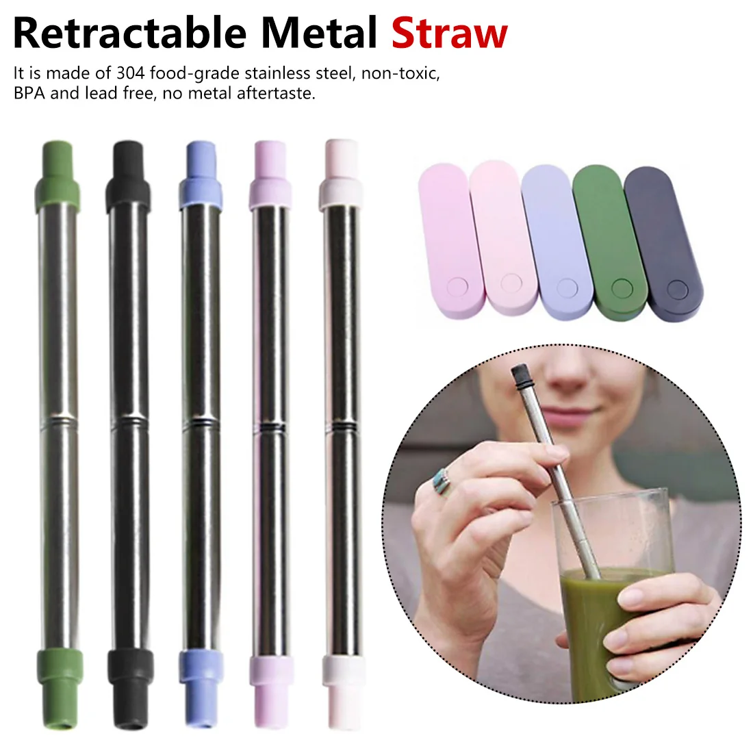 

1pc Portable Storage Box Reusable Extendable Drinking Straws Stainless Steel Telescopic Metal Straw with Brush