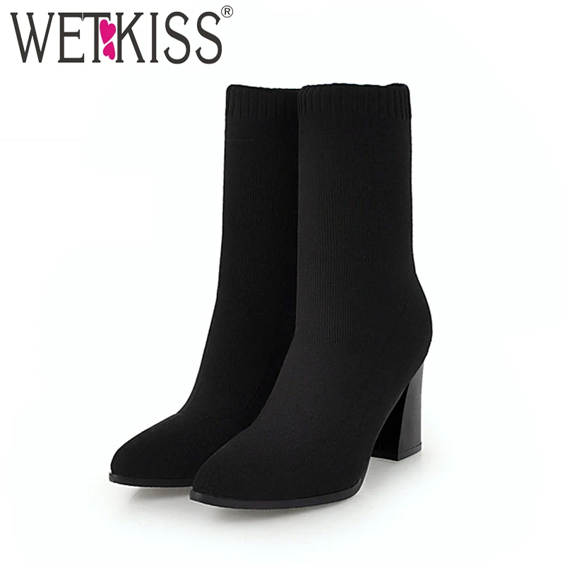 

WETKISS Big Size 34-43 Knitting Thick High Heels Women Sock Boots 2018 Stretch Boot Pointed Toe Party Lady Shoes Autumn Footwear