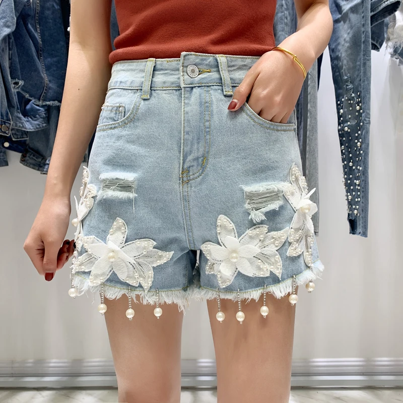 

New three-dimensional flower beaded denim shorts female high waist hole wide leg shorts fashion hot pants summer