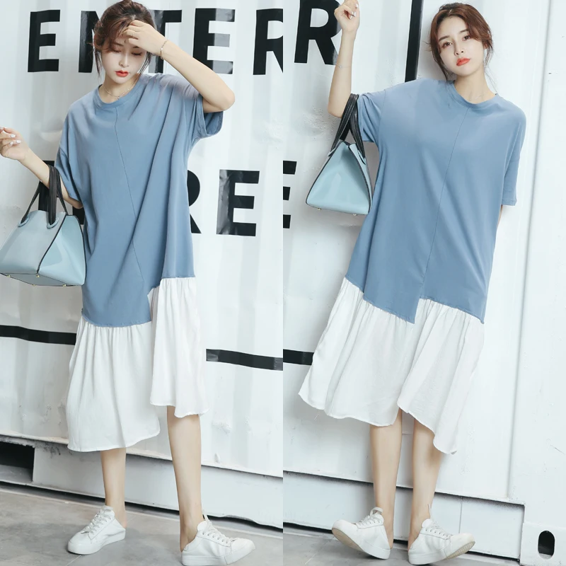 

2019 Spring Cotton Causal Dress Large Size Short-sleeved Dress Patchwork Short Ruffles A-Line Dress