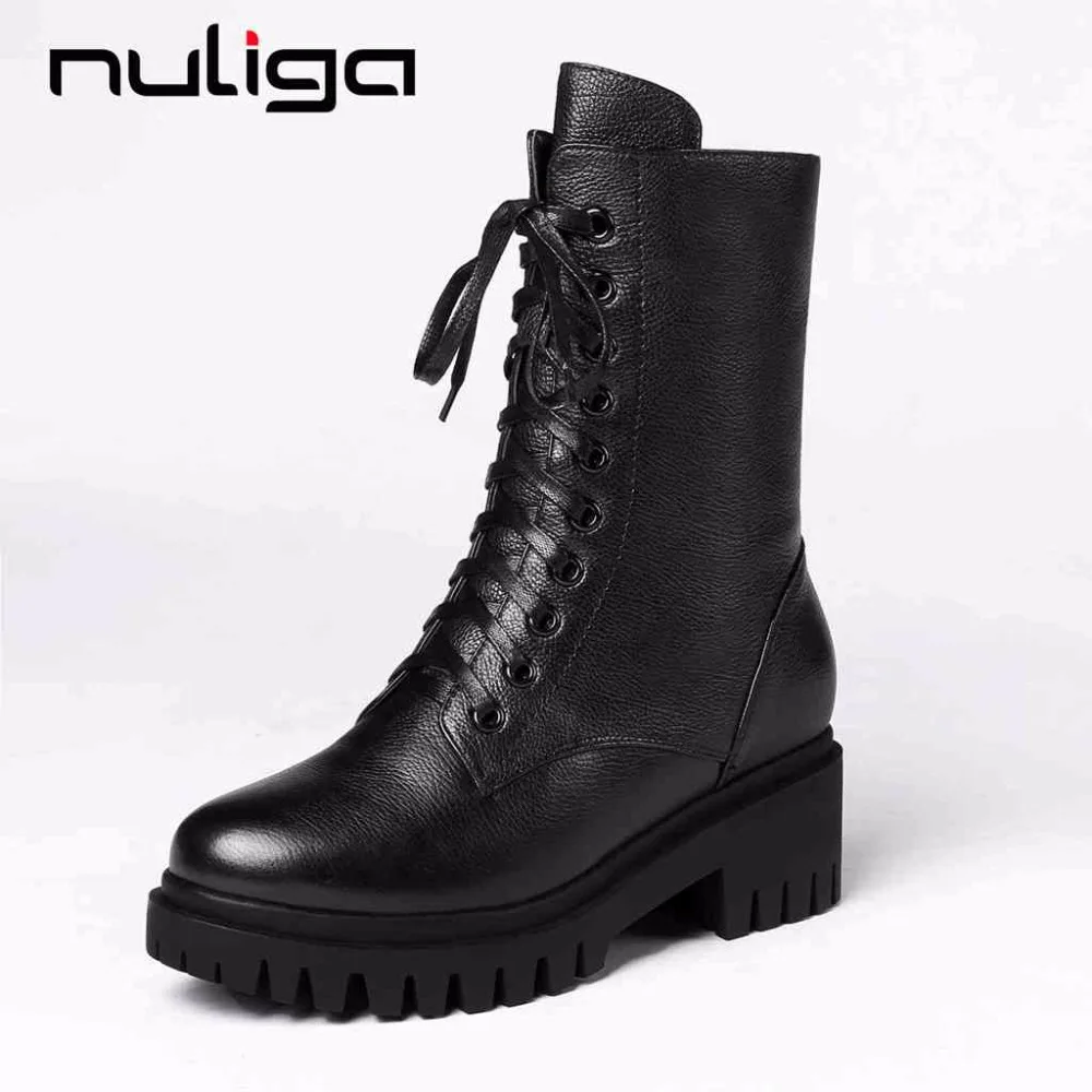 

Nuliga 2018 high fashion winter keep warm motorcrycle boots round toe lace up med heels woman mid-calf natural leather shoes L70