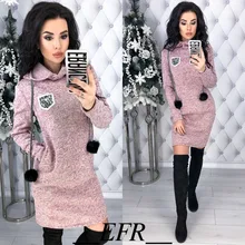 Autumn Winter New Colored cotton Women Dress Hairball Long Sleeve Straight Pockets Hooded Dresses Plus Size Warm Mini Vestidos