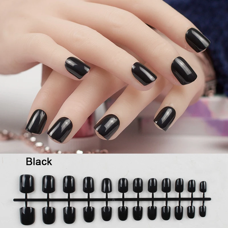 24 шт художественные ногти чистый цвет поддельное художественное оформление ногтей короткая квадратная голова полное покрытие накладные ногти - Цвет: Black