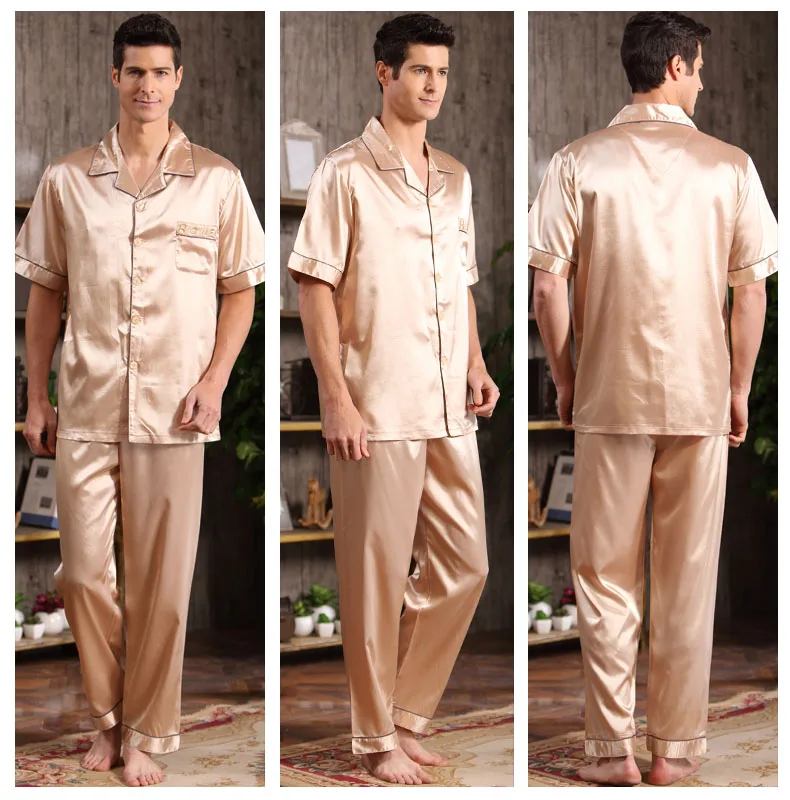 CherLemon Для мужчин Летний Классический шелковый атлас пижамный комплект мужской короткий рукав рубашка на пуговицах с эластичной талией Pants