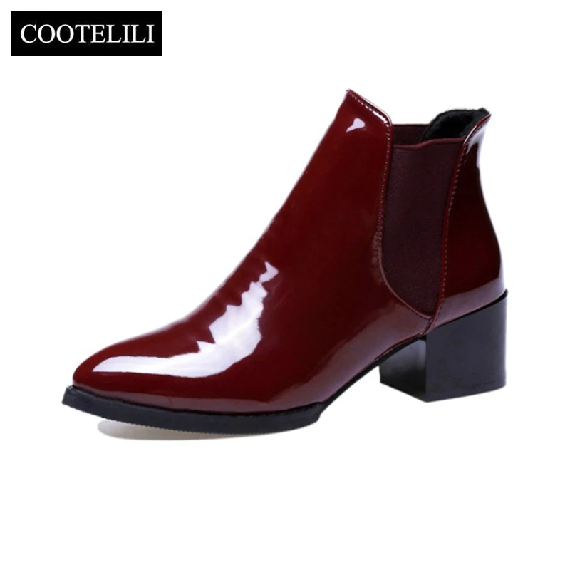 

COOTELILI Comfortable 5cm High Heels Ankle Boots For Women Pointed Toe Warm Autumn Winter Shoes Women Pumps Red Black 35-39