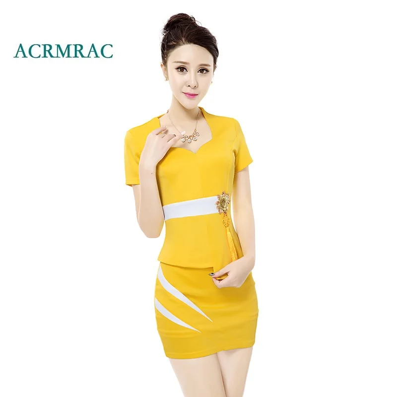 

ACRMRAC Women's suits summer short Slim V-neck Patchwork Short sleeve jacket skirt Business OL Formal Skirt Suits
