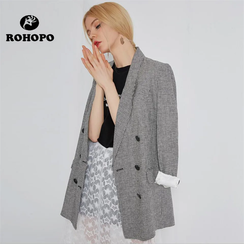 ROHOPO Blazer Women Houndstooth Casual Blazer Female Double Buttons Quality V Neck Outwear Woman Chic Breathable Jacket Girl ROHOPO Blazer Women Houndstooth Casual Blazer Female Double Buttons Quality V Neck Outwear Woman Chic Breathable Jacket Girl