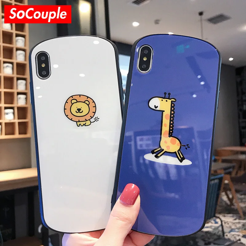 

SoCouple Cartoon giraffe Case For iphone 7 8 plus Tempered Glass Phone Case For iphone X Xs max XR Luxury Back Cover Capa Coque
