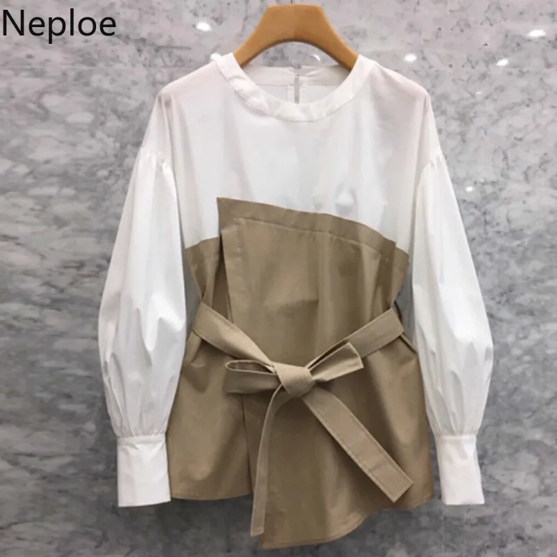 

Neploe Korean Fashion Long Sleeve Blouses Patchwork Bandage Tunic Tops Woman Blusas Loose Ladies Shirts New 2019 Womens Clothes