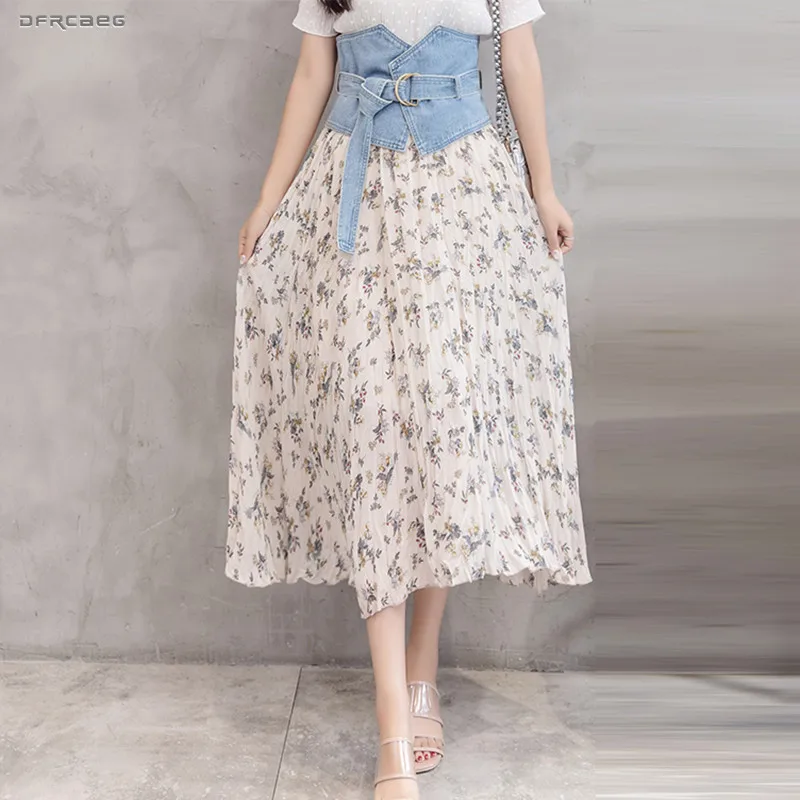 

Patchwork Denim Girdle Beach Skirts Womens 2019 Summer High Waist Ladies Chiffon Long Skirt Female Froal Print Saias Longas