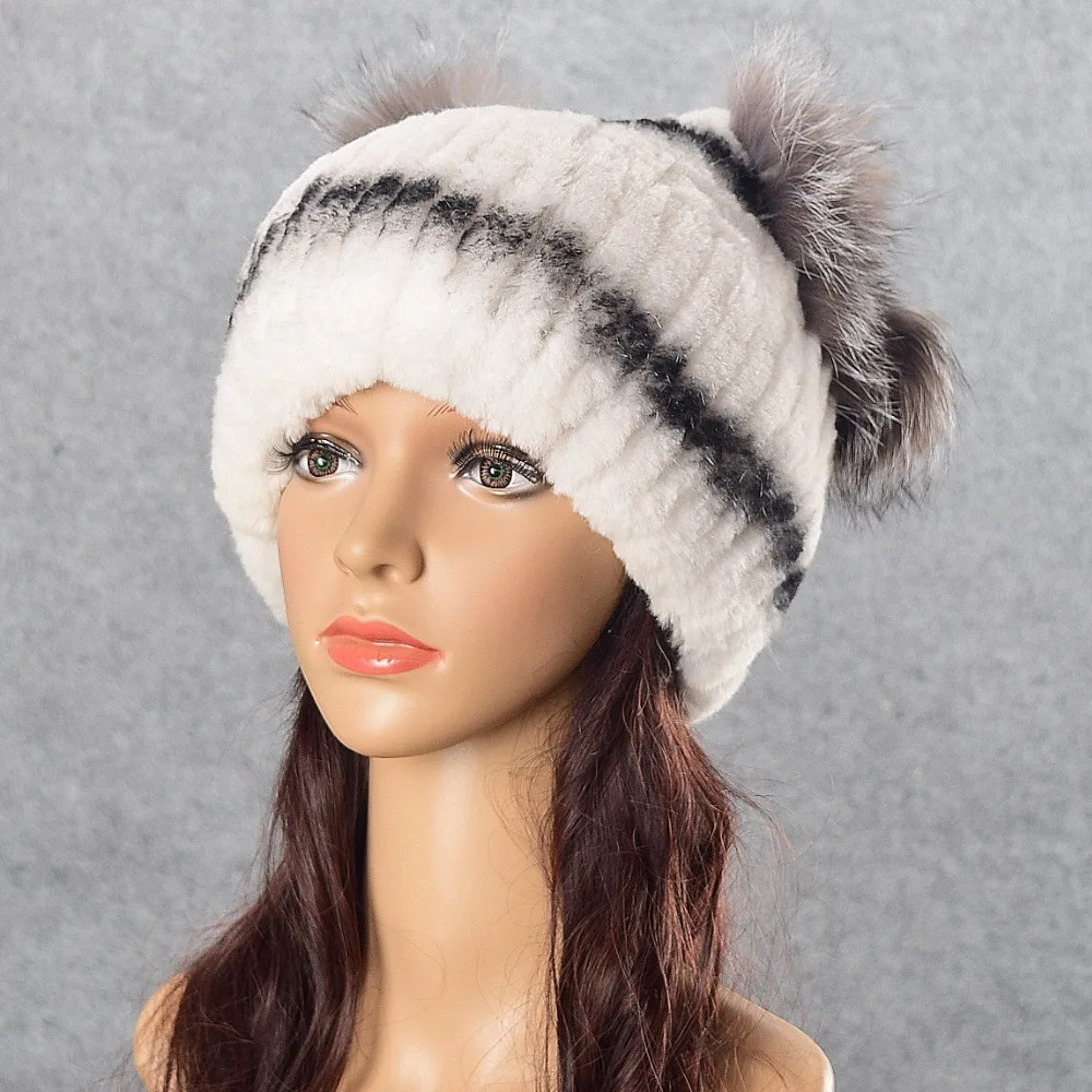 MJ-Young Shine Pom Poms Winter Hats for Women Solid Warm Hats Knitted Beanies Thick Female Cap
