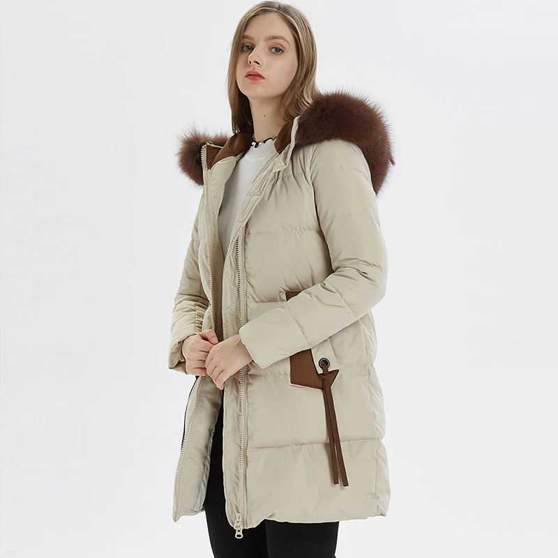 Большой Лисий Меховой Воротник пуховики женские с капюшоном тонкие ...