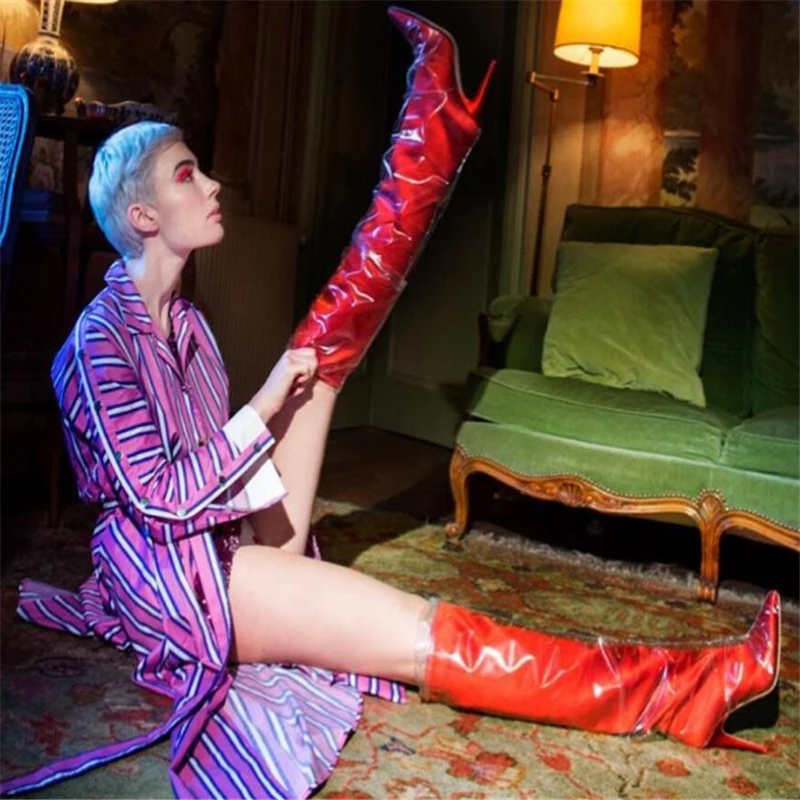 

Trend Patent PU Leather PVC Knee High Boots Fashion Pointed Toe Stiletto Women Shoes 2018 Sexy Nightclub Thin High Heel Big Size