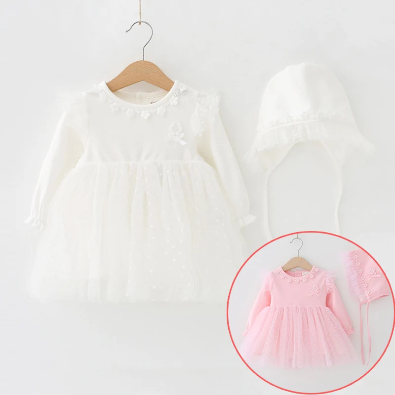 

New Spring Baby Girl Tulle Lace Tutu Formal Dress with Cap WHITE Princess Rode Dresses Infant Girls Clothing Born 3m 6m 1t Gift