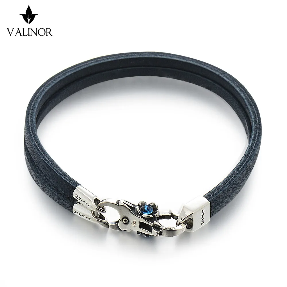 

Blue Double layer of the first layer of leather bracelet 925 Sterling Silver Bracelets SCNP005