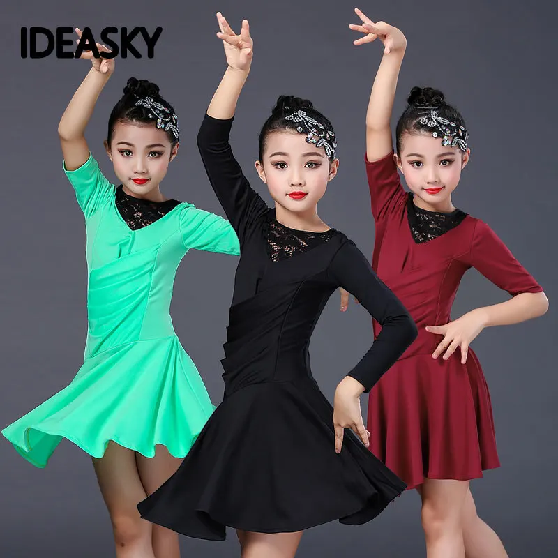 

sexy lace latin dance dress for girls long sleeves ballroom samba rumba competition children kids dancing practice salsa tango