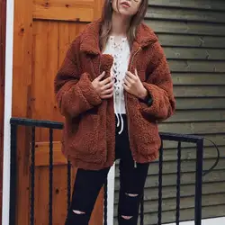 Модные теплые пальто на молнии смеси Для женщин отложной воротник пальто с длинным рукавом негабаритных Свободные овечьей шерсти верхняя