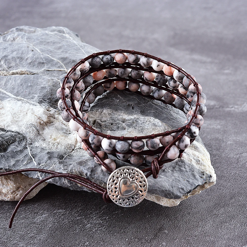 

Asingeloo Pink Zebra Natural Stone Beads Handmade Boho Jewelry Bracelets Charm 3 Strand Wrap for Holiday Bracelet