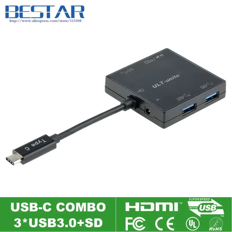 

USB Type-c USB-C To USB3.0 Combo with 3X USB 3.0 Ports 1X SD Card Slot and 1X MicroSD Card Slot,Type-C Hub + Card Reader