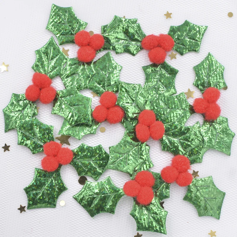 30 шт. блестящий зеленый лист Холли и 3D красные ягоды аппликации патчи для рождественского декора, украшение стола, наклейки аксессуары F77 - Цвет: Green