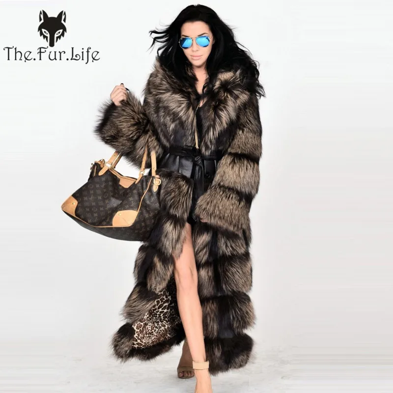 Raccoon Fur Coat Women Real Fur Coat Natural Raccoon Rur Coat Real Fur Jackets X long Outerwear