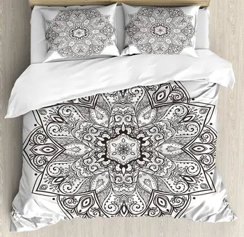 

Mandala Duvet Cover Set Asian Psychedelic Circular Element Artistic Lotus Ethnic Eastern Culture Theme Bedding Set Black White