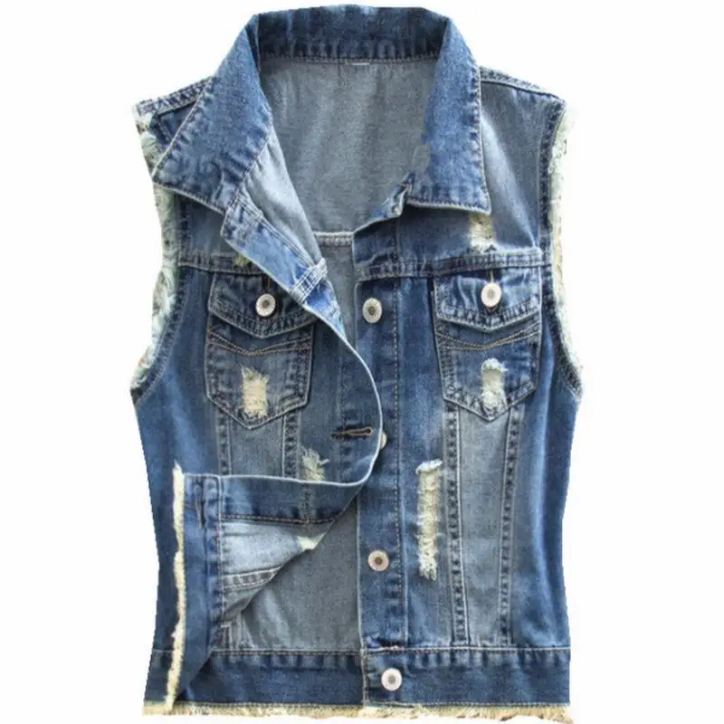 4XL Womens Denim Vests 2017 Sleeveless Ripped Holes Button Fashion