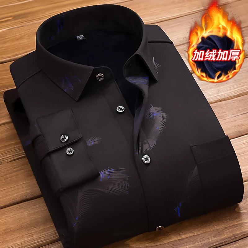 New Arrival Male Warm Long Sleeve Shirts Winter Thick Plush Business Clothes Elastic Slim Fit Casual Shirt