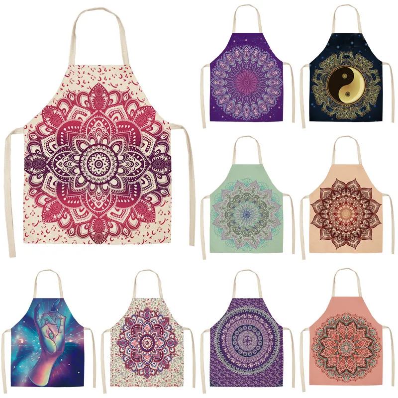 1Pcs Mandala Printed Cotton Linen Kitchen Aprons for Woman Home Cooking Baking Coffee Shop Cleaning Accessories 53*65cm G1036