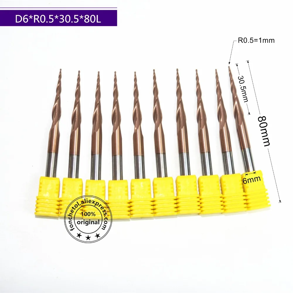

6mm*R0.25*30.5*80L-CNC Tungsten carbide 6mm Ti Coated Tapered Ball Nose End Mill,cone milling cutter,woodworking router bit