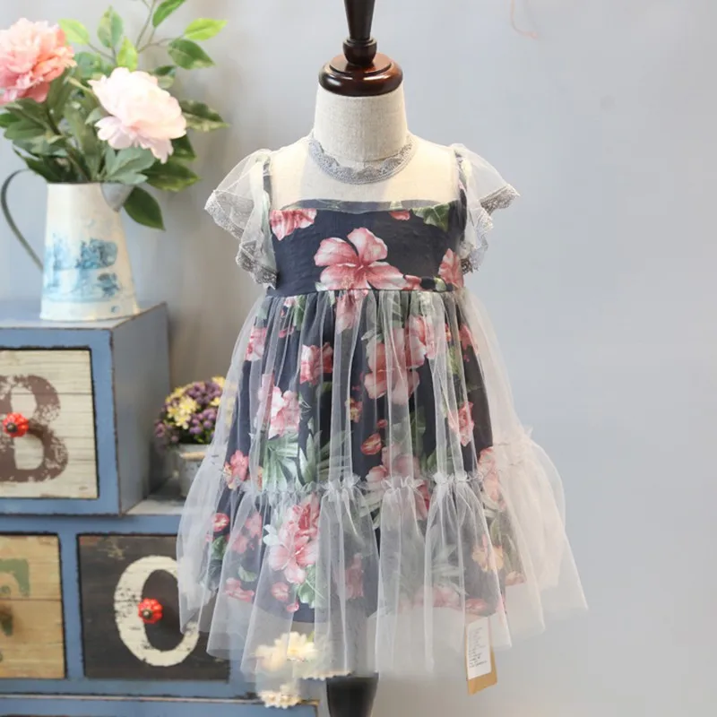 

Summer Casual Baby Girls Mesh Design Flower Print Dress Kids Toddler Sleeveless Pageant Sundress