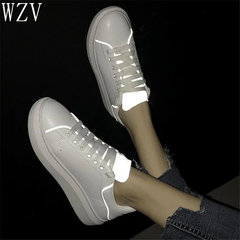 

2019 Spring New Designer Reflective Stripe Wedges White Shoes Female Platform Sneakers Women Tenis Feminino Casual Shoes Woman