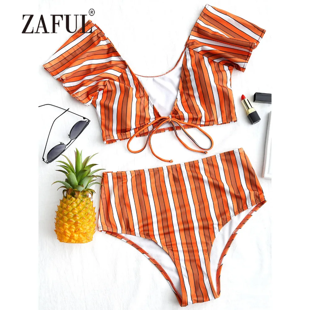 

ZAFUL Women Swimsuit Plunge Neck Striped Bikini Set High Waist Swimwear Sexy Padded V-neck Swimming Suit Strip Biquni Beachwear