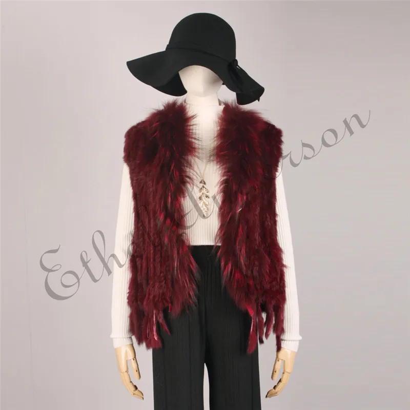 ETHEL ANDERSON, настоящий женский жилет из кроличьего меха, жилетка с кисточками, пальто из натурального меха, вязаная жилетка с воротником из меха енота, верхняя одежда - Цвет: Wine Red