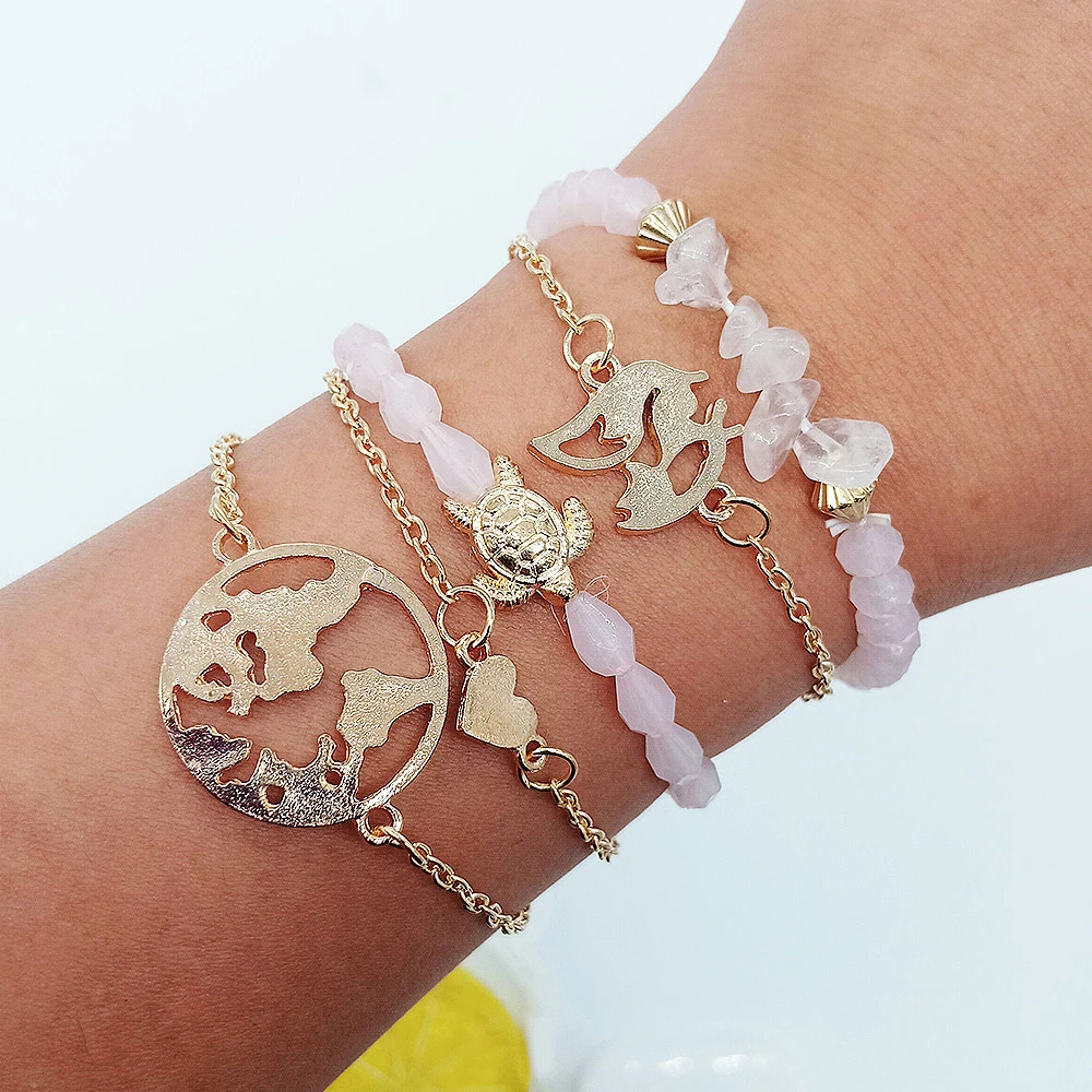 Rurah 5Pcs Bracelet Set Women Map Sea Turtle Love Bracelet Turtle Heart Map Pendant Bracelet Wrist Chain Jewelry Accessories