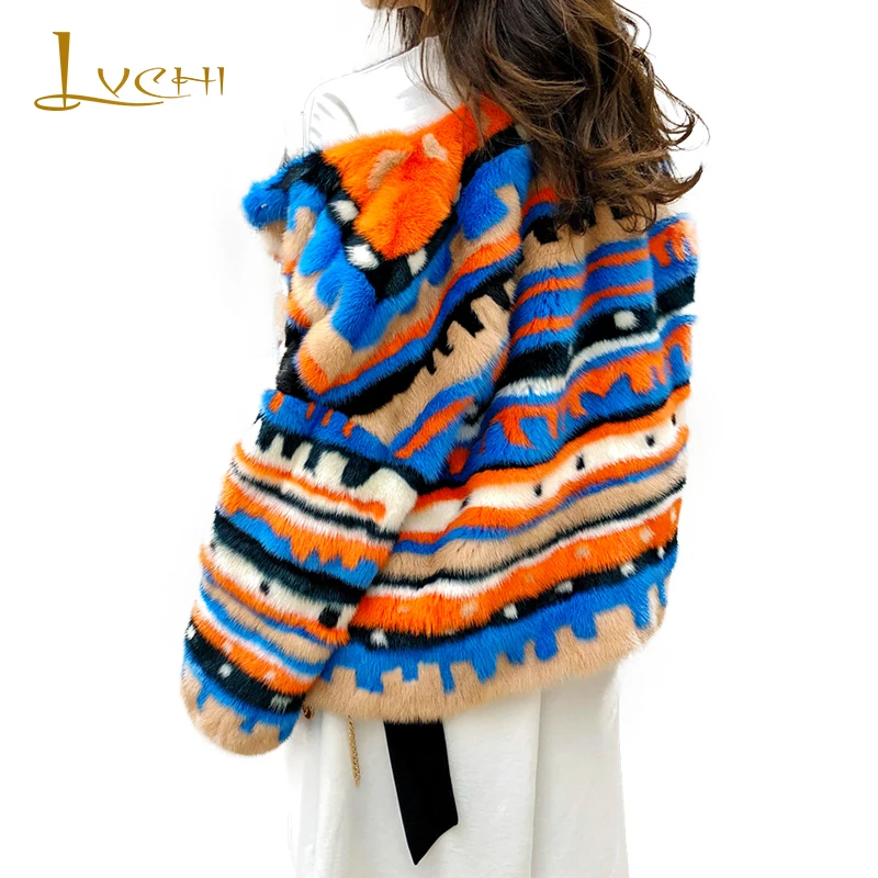 

LVCHI 2019 NEW Winter Import Mink Fur Coat Real Fur Coats Women Long Sleeve Contrast Color O-Neck Colorful Short Mink Fur Coats