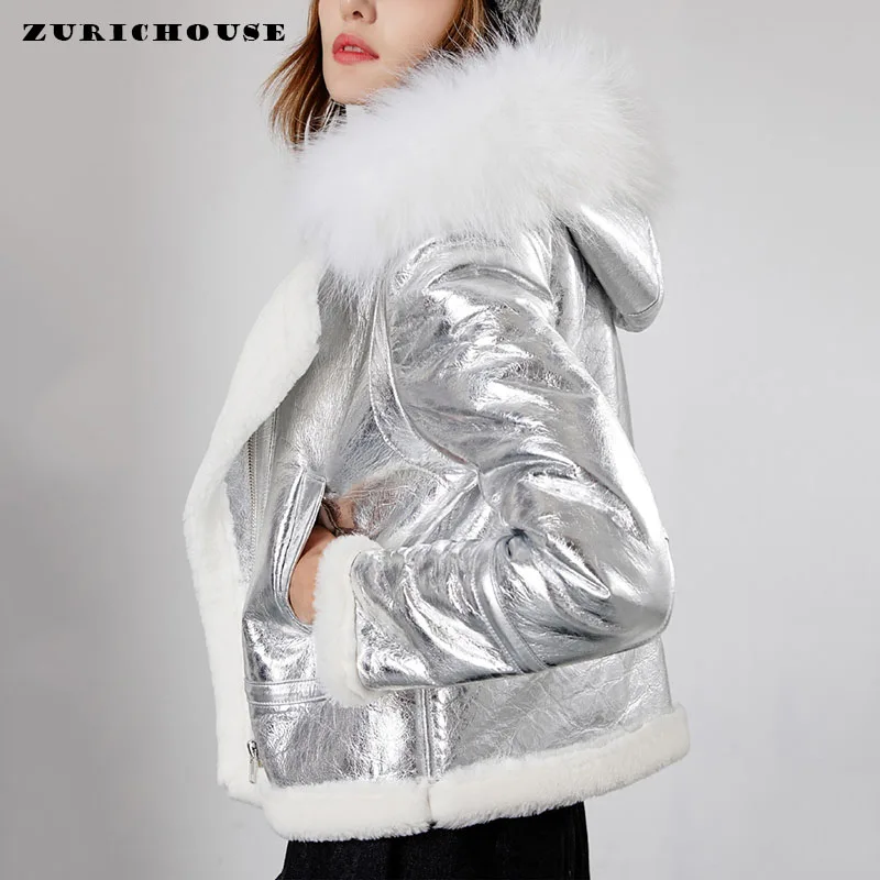Зимнее пальто из натурального меха енота, Женская куртка из натуральной кожи, новинка, металлическое серебро, Австралийская овчина, с капюшоном, шерстяная куртка с мехом